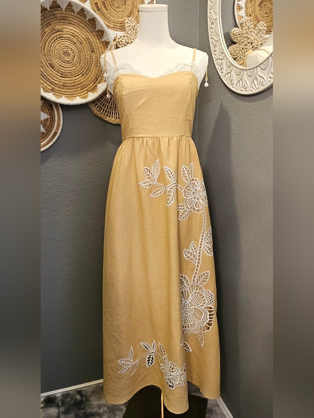 Caroline Constas Sand Richelieu Floral Embroidered Maxi Dress, Size-Sm NWT